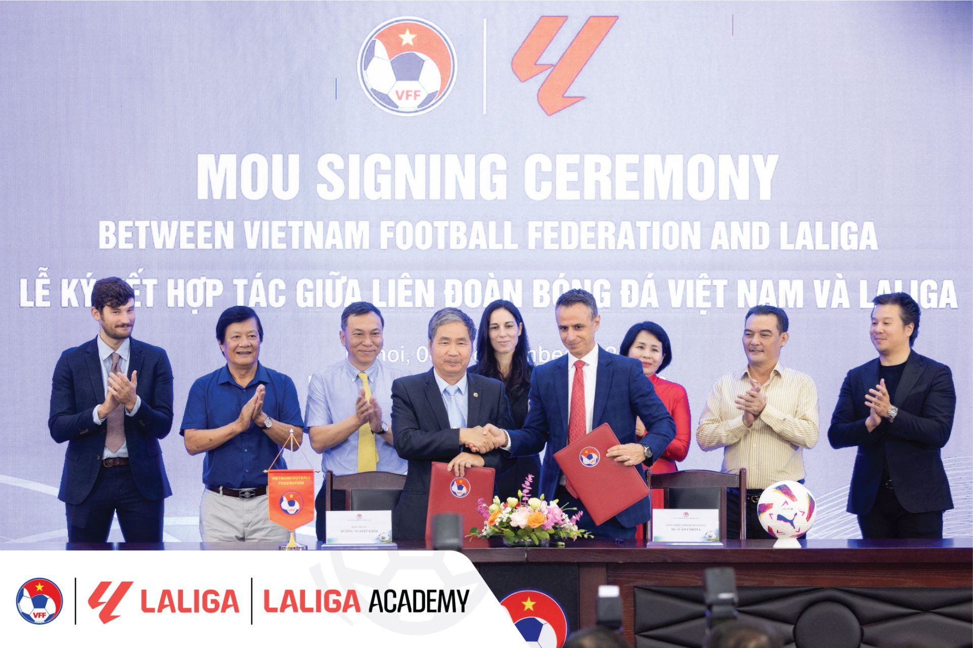 Buổi lễ ký kết đánh dấu sự hợp tác giữa LaLiga và VFF tại Trụ sở Liên Đoàn Bóng đá Việt Nam (sáng 06/09 tại Hà Nội)